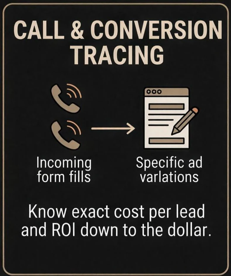 Call and conversion tracing: incoming calls and form fills traced to specific ad variations. Know exact cost per lead and ROI down to the dollar.