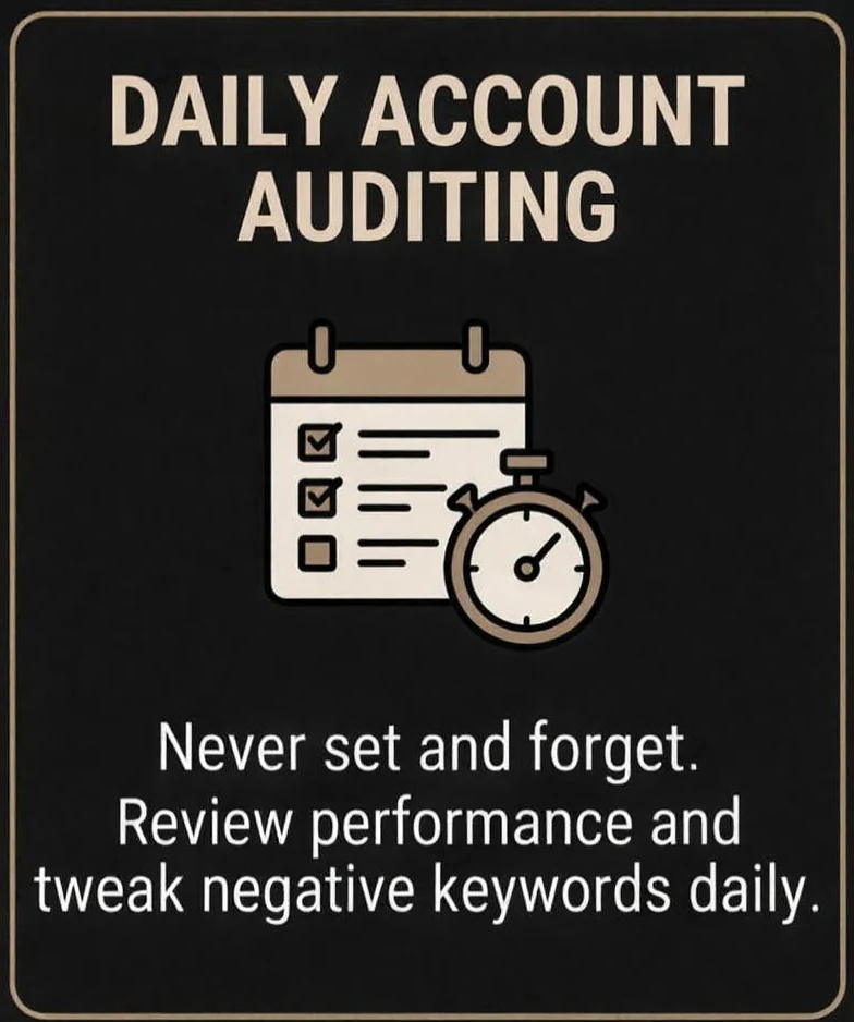 Daily account auditing: a checklist and a stopwatch. Never set and forget. Review performance and tweak negative keywords daily.