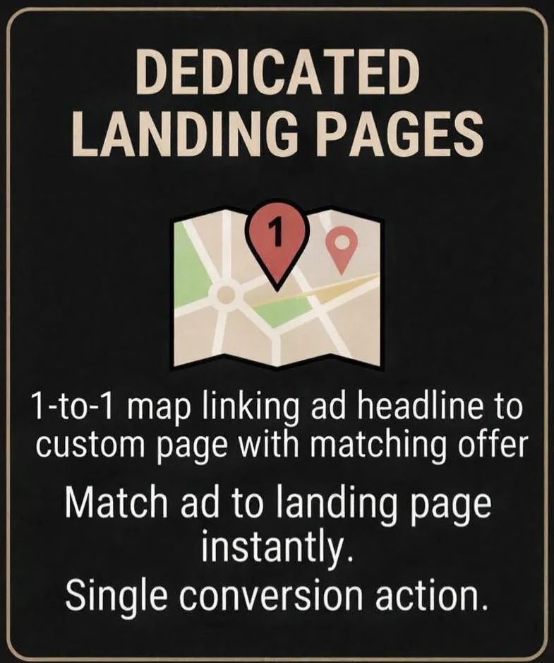 Dedicated landing pages: a one-to-one map linking each ad headline to a custom page with a matching offer. Match ad to landing page instantly. Single conversion action.