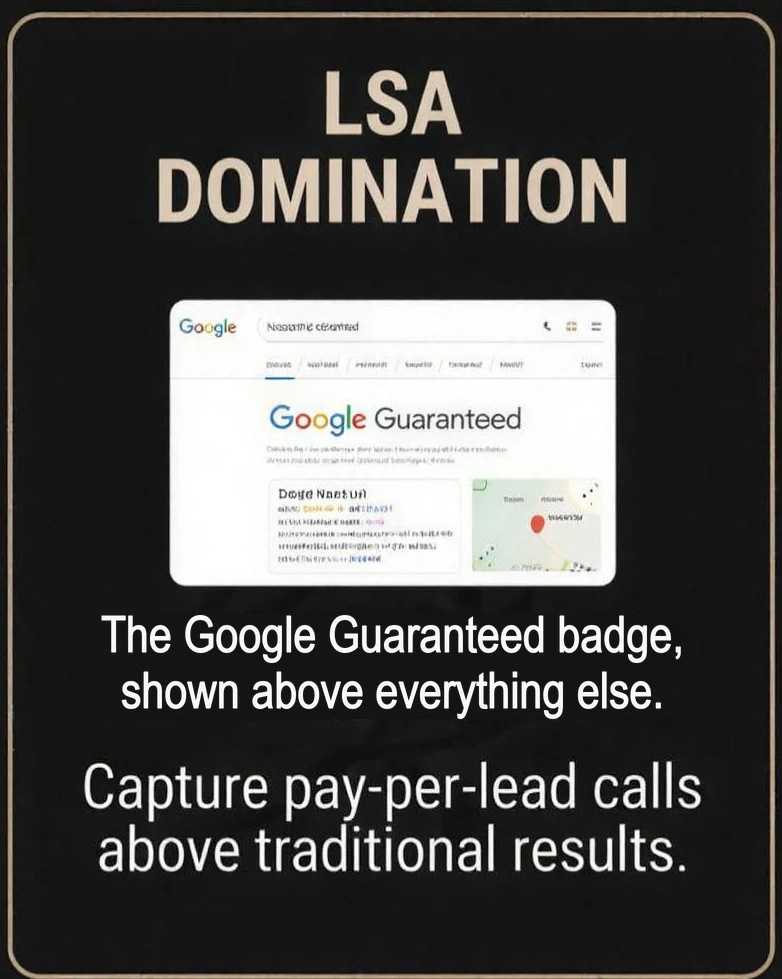 LSA domination: a Google Guaranteed listing at the top of the search results. The Google Guaranteed badge, shown above everything else. Capture pay-per-lead calls above traditional results.