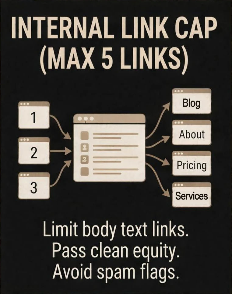 Internal link cap, max 5 links: three pages link into one page, which links out to Blog, About, Pricing and Services. Limit body text links. Pass clean equity. Avoid spam flags.