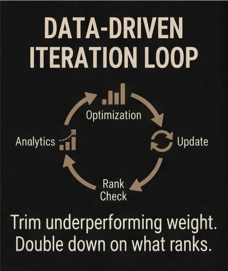 Data-driven iteration loop: analytics, optimization, update and rank check, in a cycle. Trim underperforming weight. Double down on what ranks.