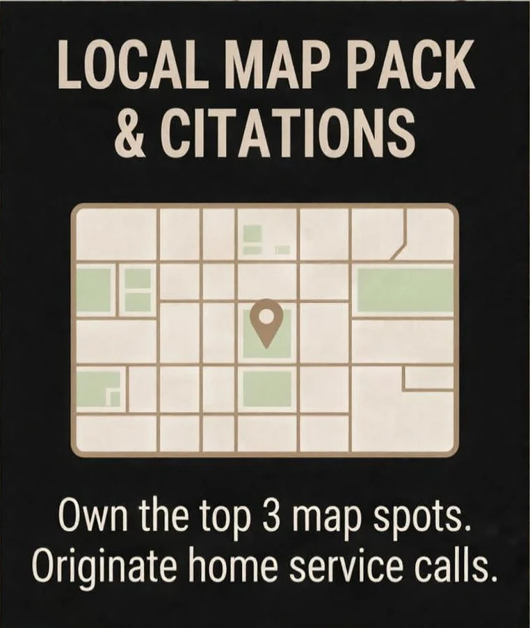 Local Map Pack and citations: a map with a location pin. Own the top 3 map spots. Originate home service calls.