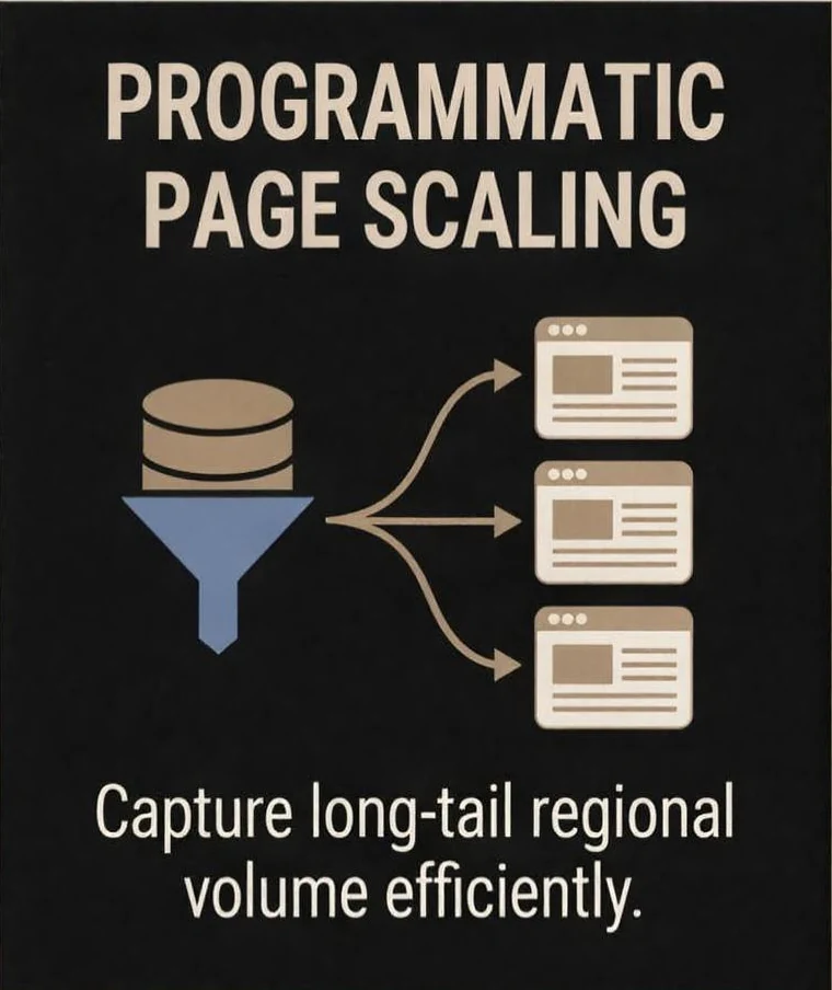 Programmatic page scaling: one source of data feeds a page for each market. Capture long-tail regional volume efficiently.