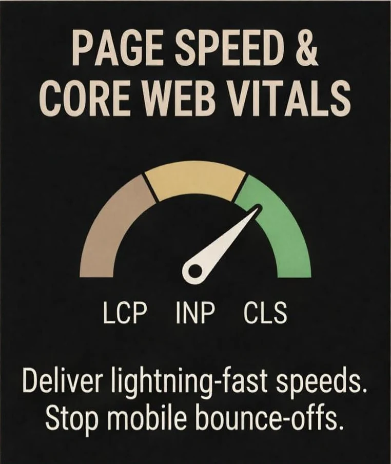 Page speed and Core Web Vitals: a gauge reading LCP, INP and CLS in the green. Deliver lightning-fast speeds. Stop mobile bounce-offs.
