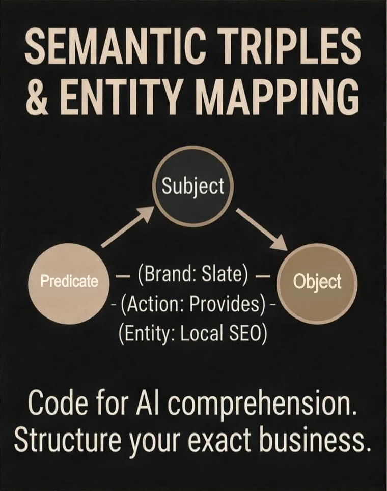 Semantic triples and entity mapping: subject, predicate and object, as in Brand: Slate, Action: Provides, Entity: Local SEO. Code for AI comprehension. Structure your exact business.