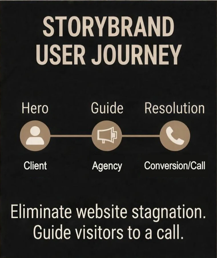 StoryBrand user journey: the client is the hero, the agency is the guide, and the resolution is a conversion or a call. Eliminate website stagnation. Guide visitors to a call.