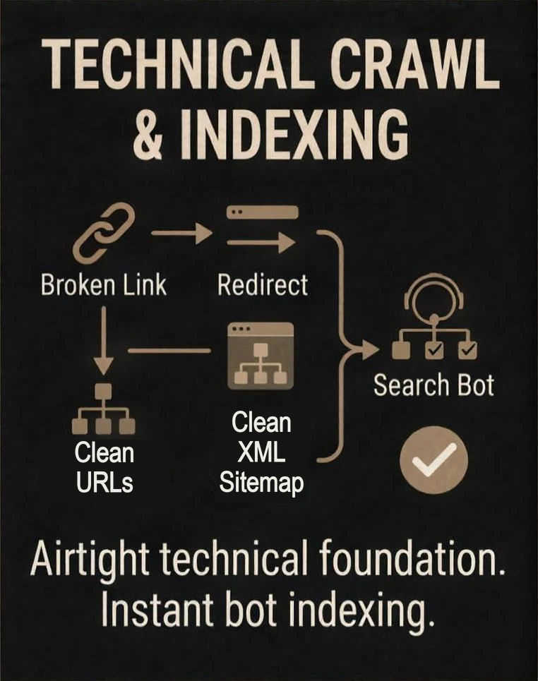 Technical crawl and indexing: a broken link becomes a redirect, clean URLs and a clean XML sitemap feed the search bot. Airtight technical foundation. Instant bot indexing.