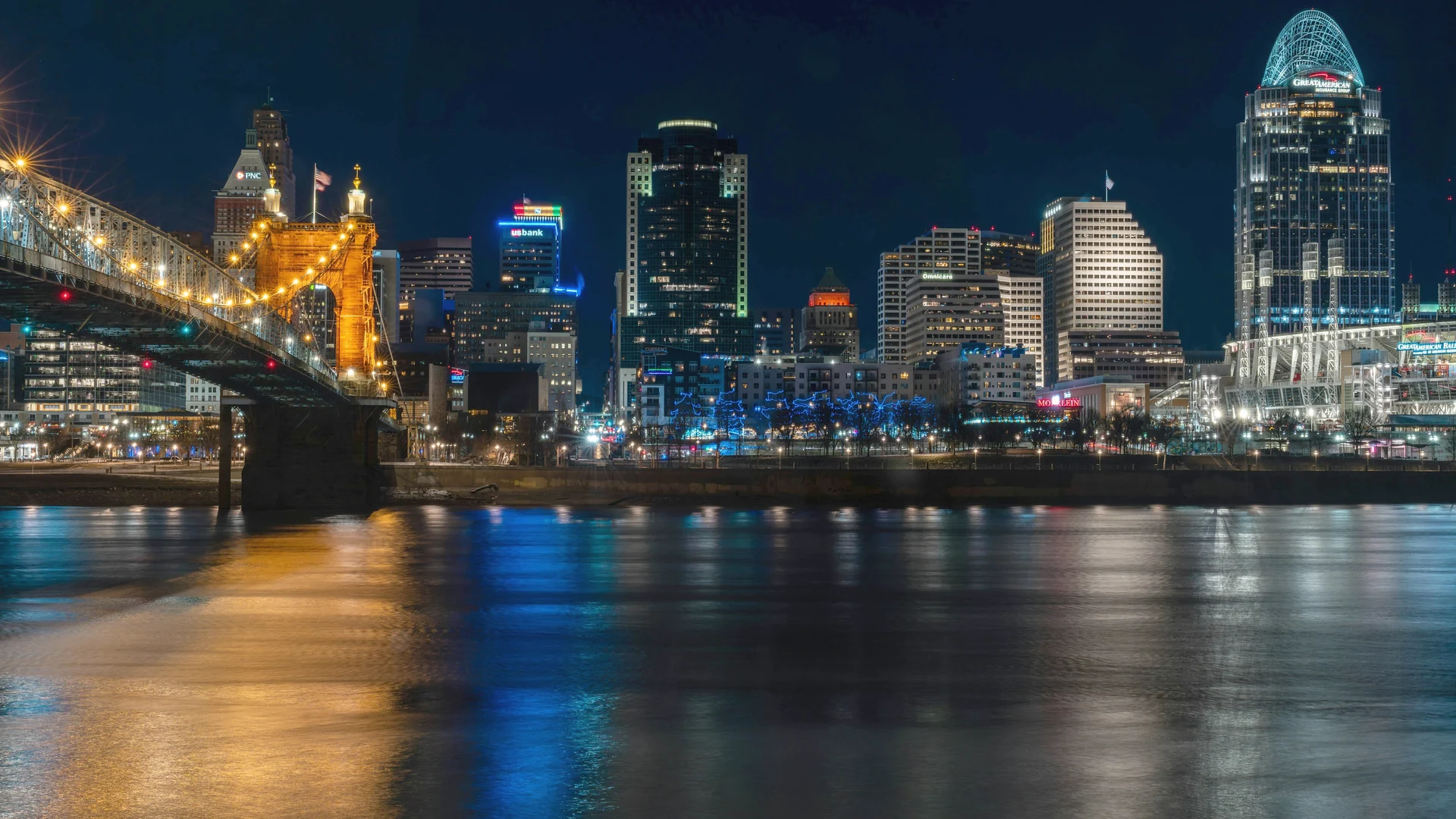 The Cincinnati skyline at night from the Ohio River